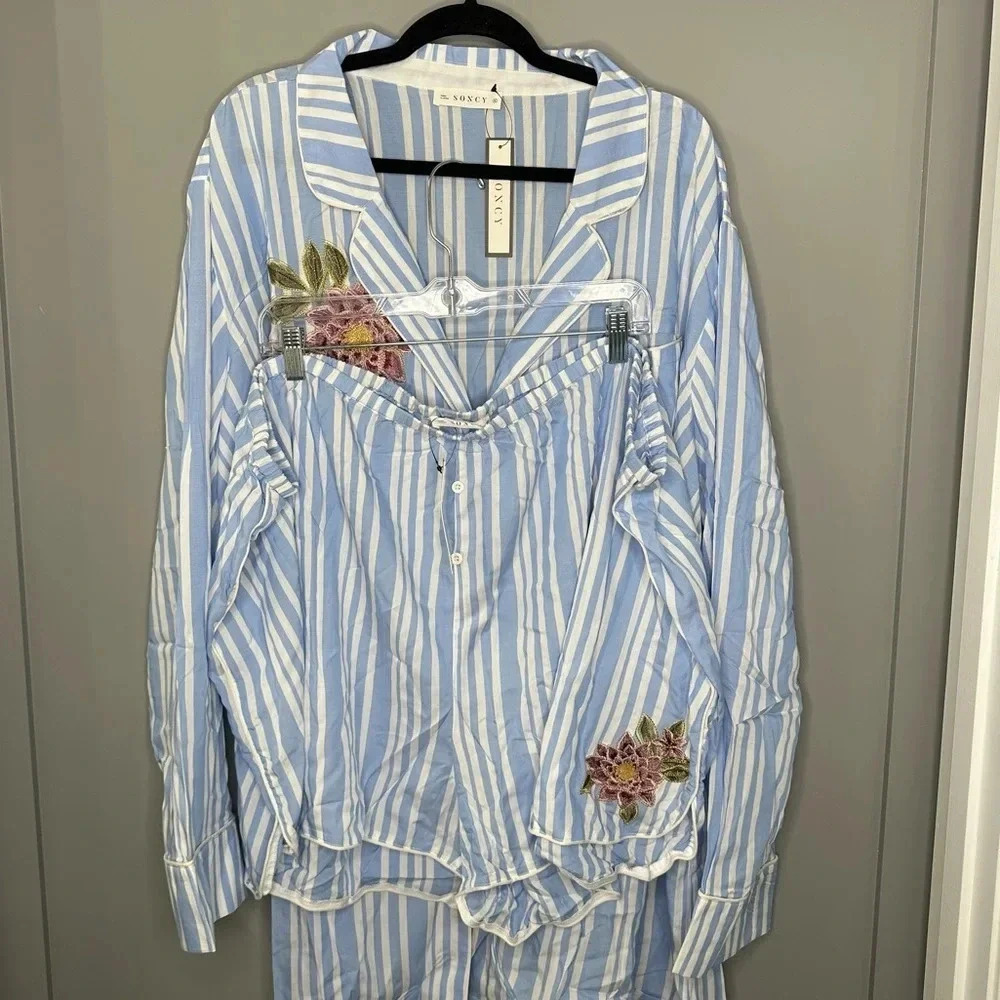 NWT Soncy Pajama Set Blue & White Striped Long Sleeve & Short Set Size 5 / 28 - Picture 2 of 5